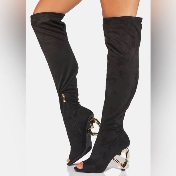 YOKI Over The Knee Stretch Peep Toe Boots Heart Shaped Heel Zip Up Black Size 7 - Picture 2 of 15